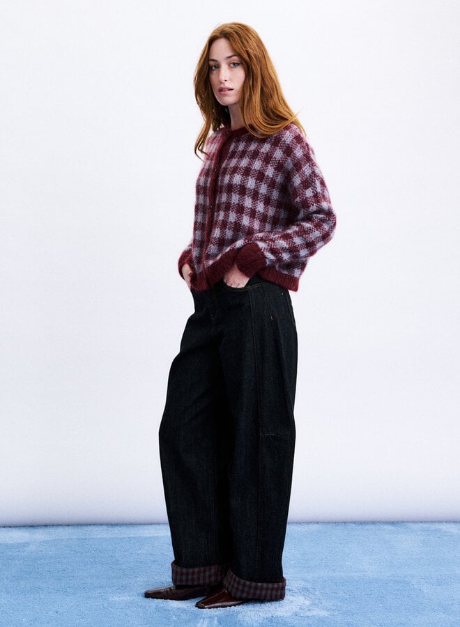 Cardigan Frnch Paris Aomori à carreaux rouge bordeaux & bleu ciel