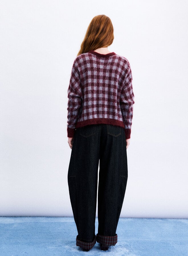 Cardigan Frnch Paris Aomori à carreaux rouge bordeaux & bleu ciel