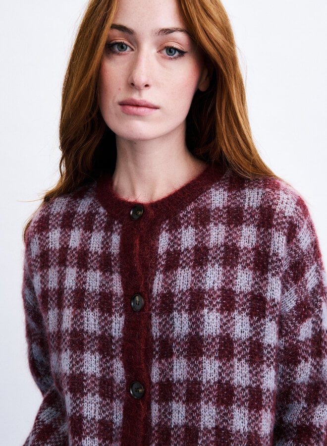 Cardigan Frnch Paris Aomori à carreaux rouge bordeaux & bleu ciel