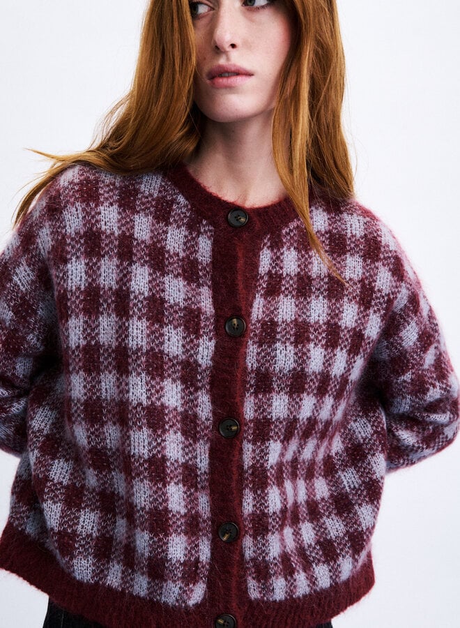 Cardigan Frnch Paris Aomori à carreaux rouge bordeaux & bleu ciel