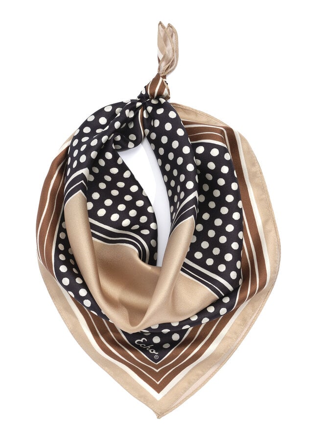 Foulard Echo petit carré à pois noir, camel & écru