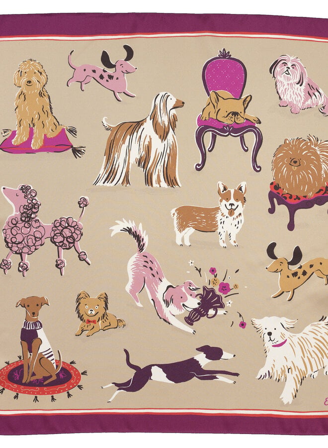 Foulard Echo petit carré « Chiens » beige & rose multi