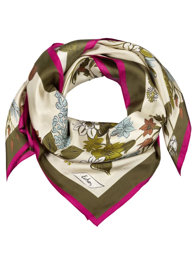 Foulard Echo carré en soie écru fleuri vert olive, bleu & rose
