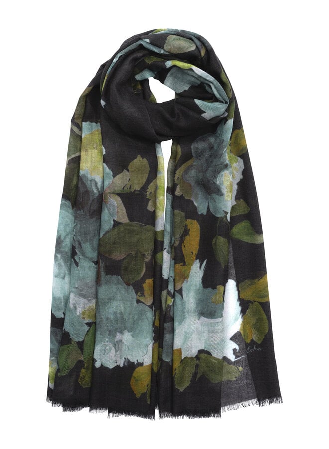 Foulard Echo noir fleuri vert & bleu