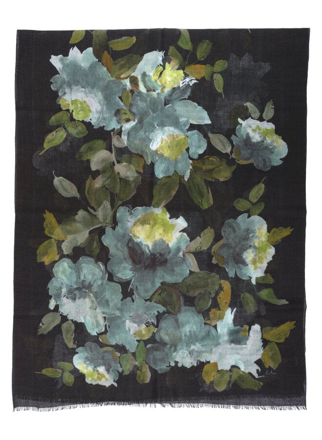 Foulard Echo noir fleuri vert & bleu