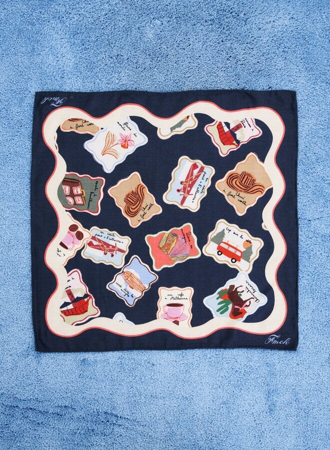 Foulard Frnch Paris Stamp carré timbres postaux bleu marine multi