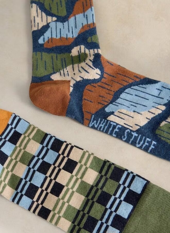 Assortiment de 2 paires de bas White Stuff Floral Check bleus, verts & oranges