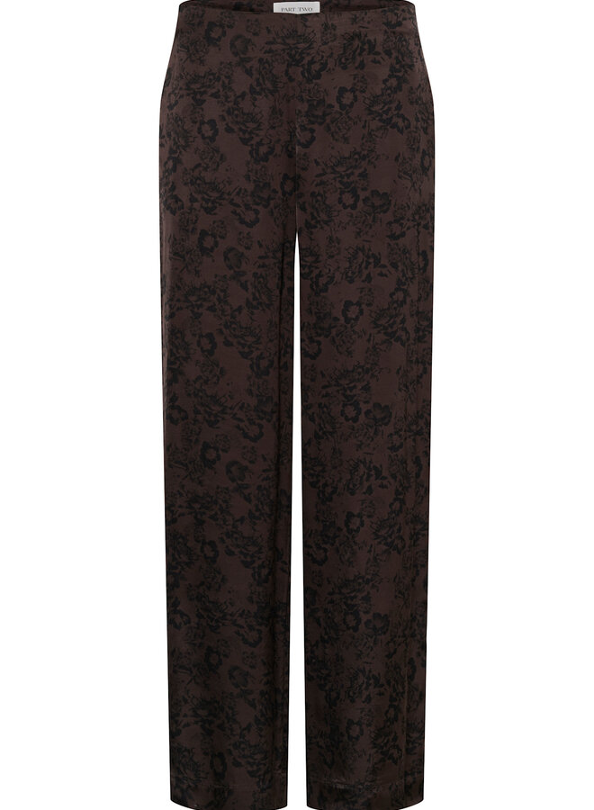 Pantalon Part Two Delal brun fleuri noir satiné