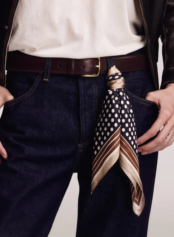 Foulard Echo petit carré à pois noir, camel & écru