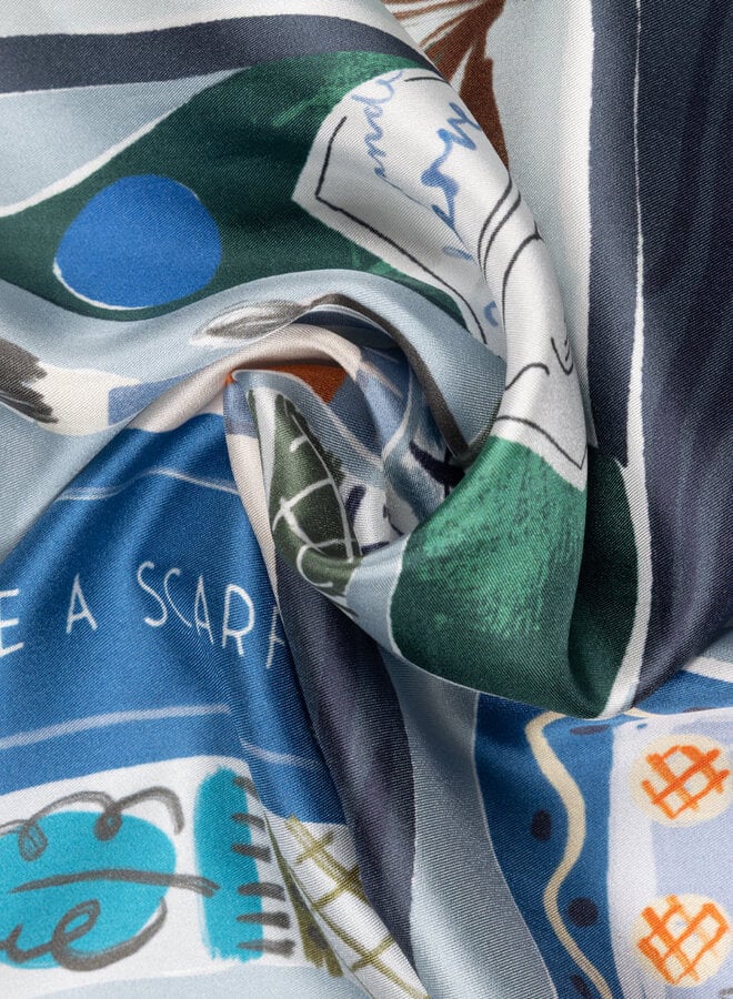 Foulard Echo grand carré bibliothèque bleu multi