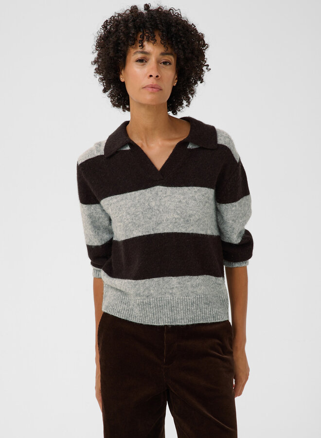 Tricot Part Two Charlott à col polo rayé brun & gris