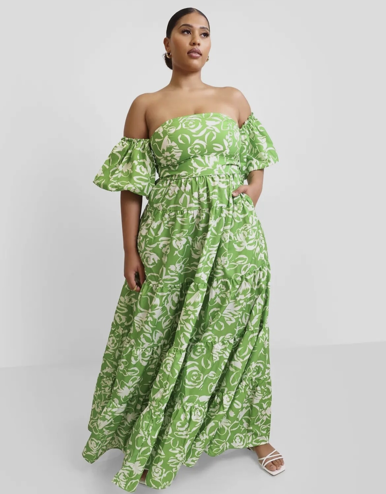 Reddolls Green Off Shoulder Puff Sleeve Dress