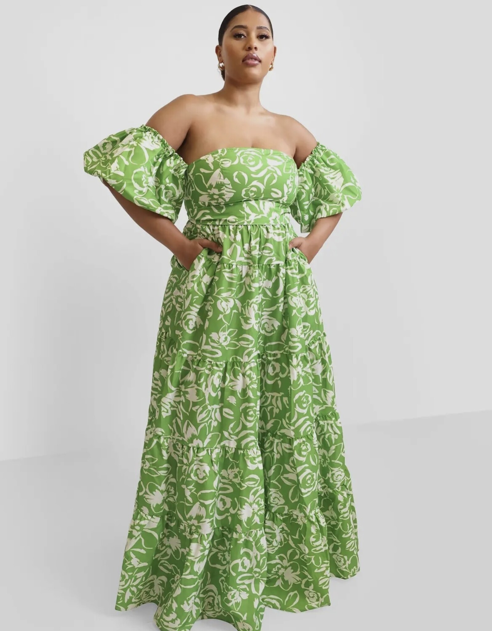 Reddolls Green Off Shoulder Puff Sleeve Dress