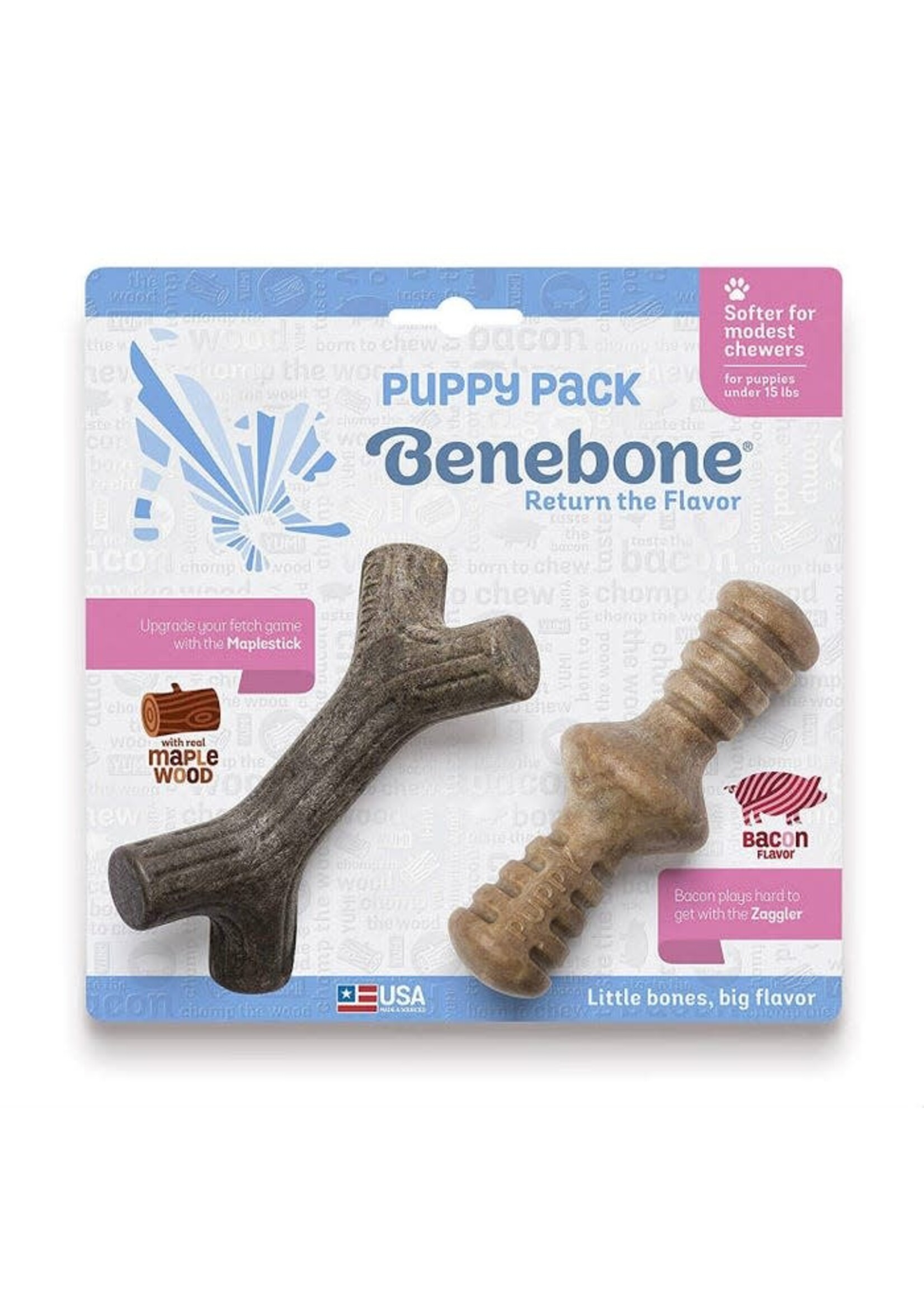 Benebone Benebone - Puppy Zaggler Bacon Branch & Roller 2pk
