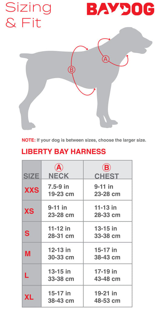 Size chart for Liberty Bay Dog Harness