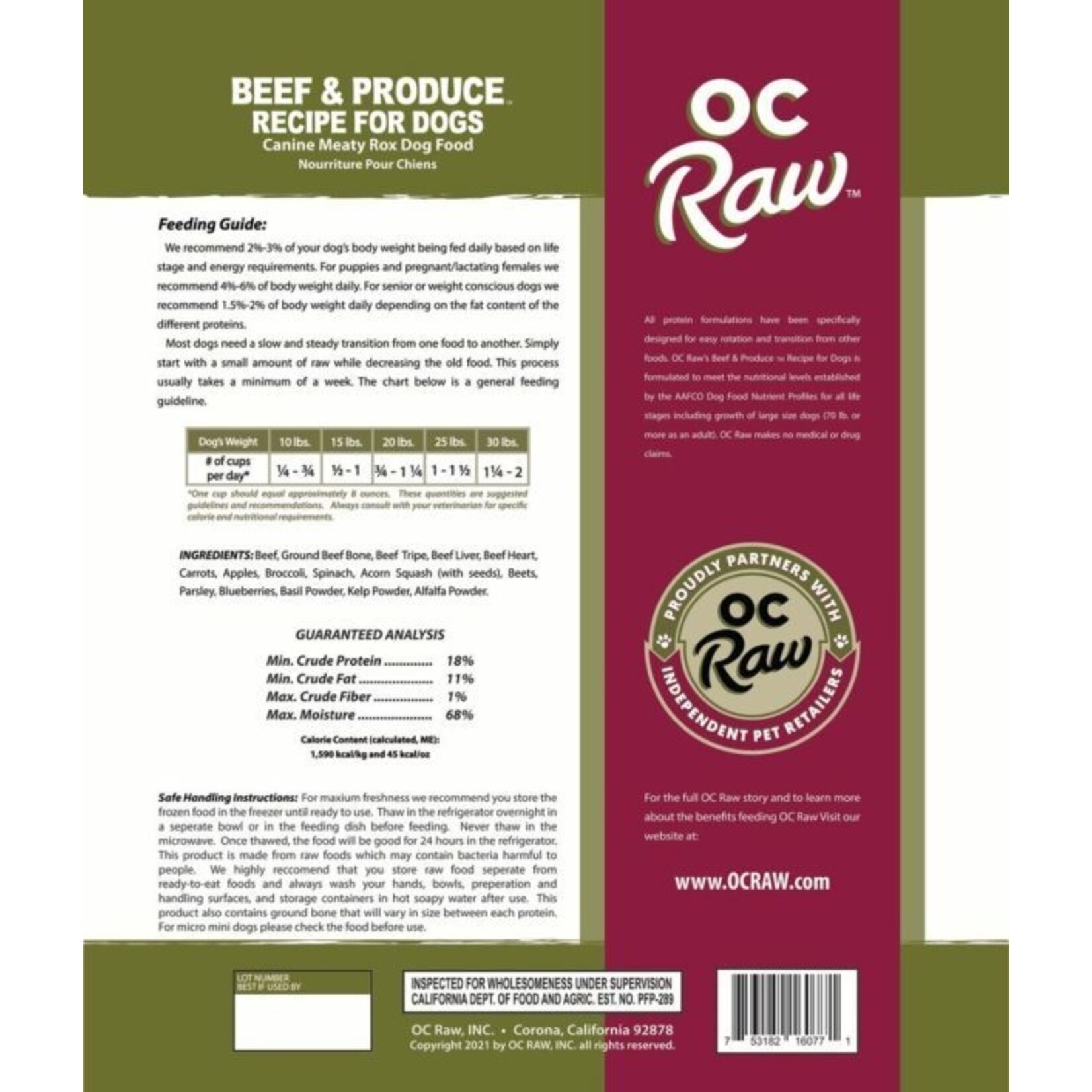 OC Raw Beef & Produce Recipe for Dogs (*Frozen Products for In-Store Pickup Only. *)