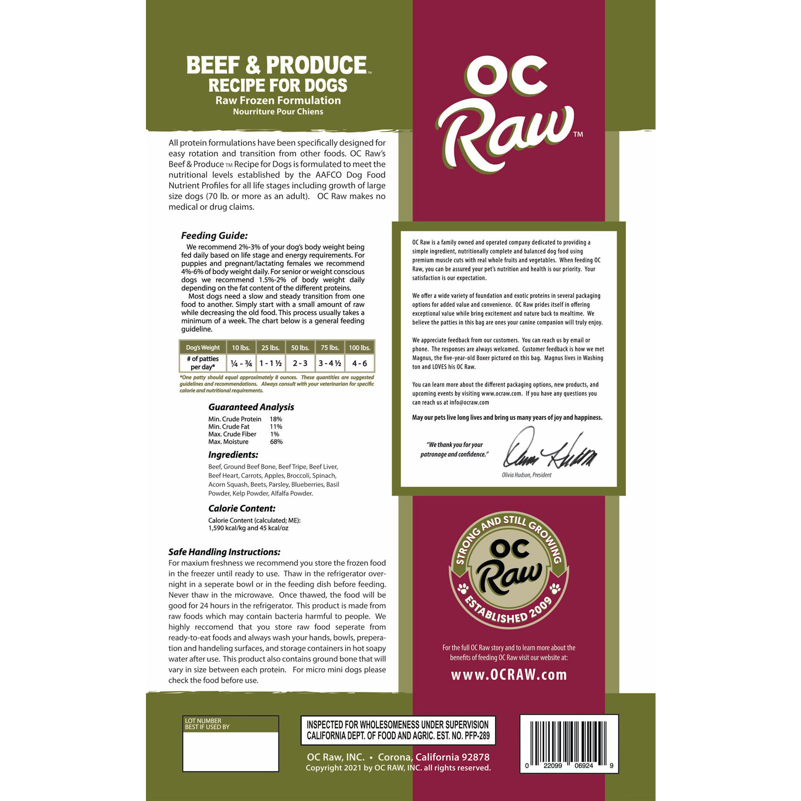 OC Raw Beef & Produce Recipe for Dogs (*Frozen Products for In-Store Pickup Only. *)