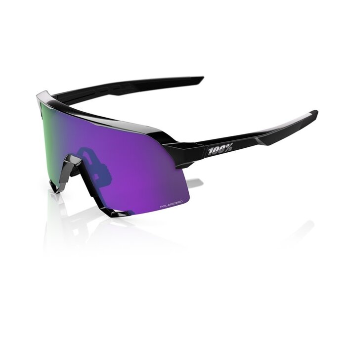 100% 100% S3 SUNGLASSES POLISHED BLACK / HIPER POLARIZED LAVENDER MIRROR