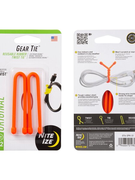 Nite-Ize Gear Tie Reusable Rubber Twist Tie 6 in - 2 Pack - Bright Orange