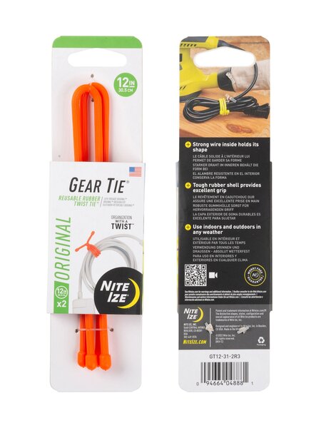 Nite Ize Gear Tie Reusable Rubber Twist Tie 12in - 2 Pack - Bright Orange