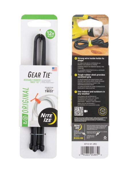 Nite Ize Gear Tie Reusable Rubber Twist Tie 12 inches - 2 Pack - Black