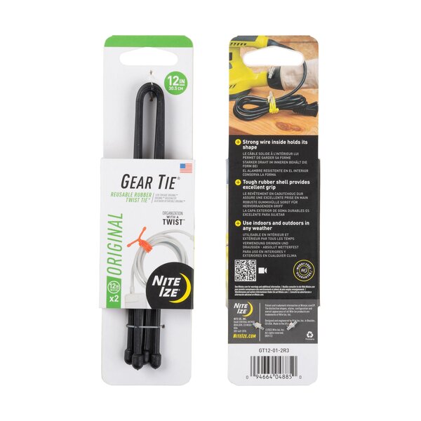 Nite Ize Gear Tie Reusable Rubber Twist Tie 12 inches - 2 Pack - Black