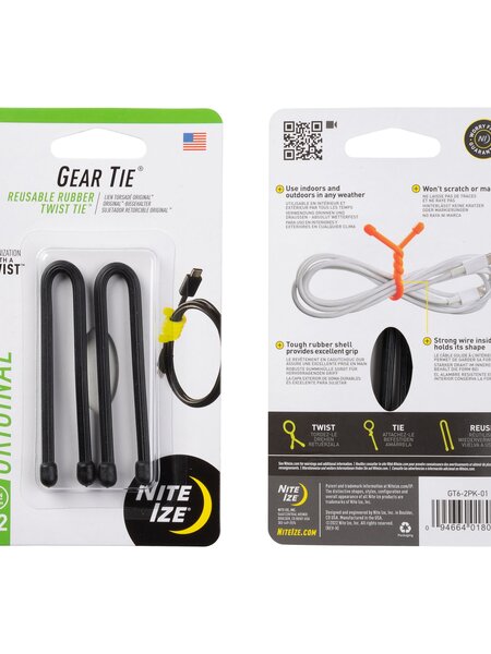 Nite-Ize Gear Tie Reusable Rubber Twist Tie 6 in - 2 Pack - Black