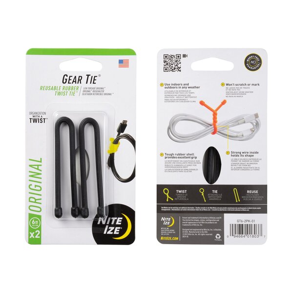 Nite-Ize Gear Tie Reusable Rubber Twist Tie 6 in - 2 Pack - Black