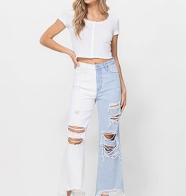 Two Tone High Rise Wide Leg Distressed Jeans