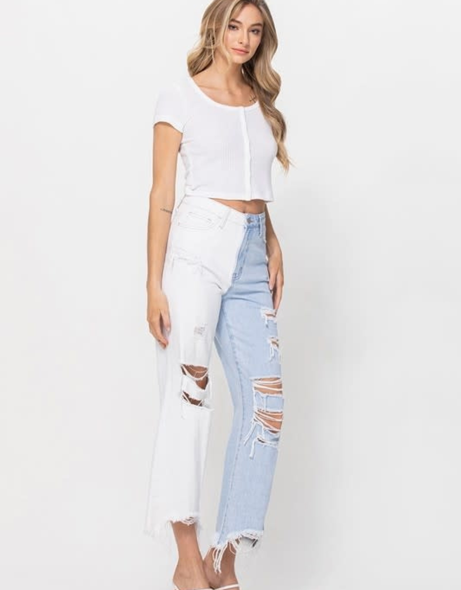 Two Tone High Rise Wide Leg Distressed Jeans - Abigail's