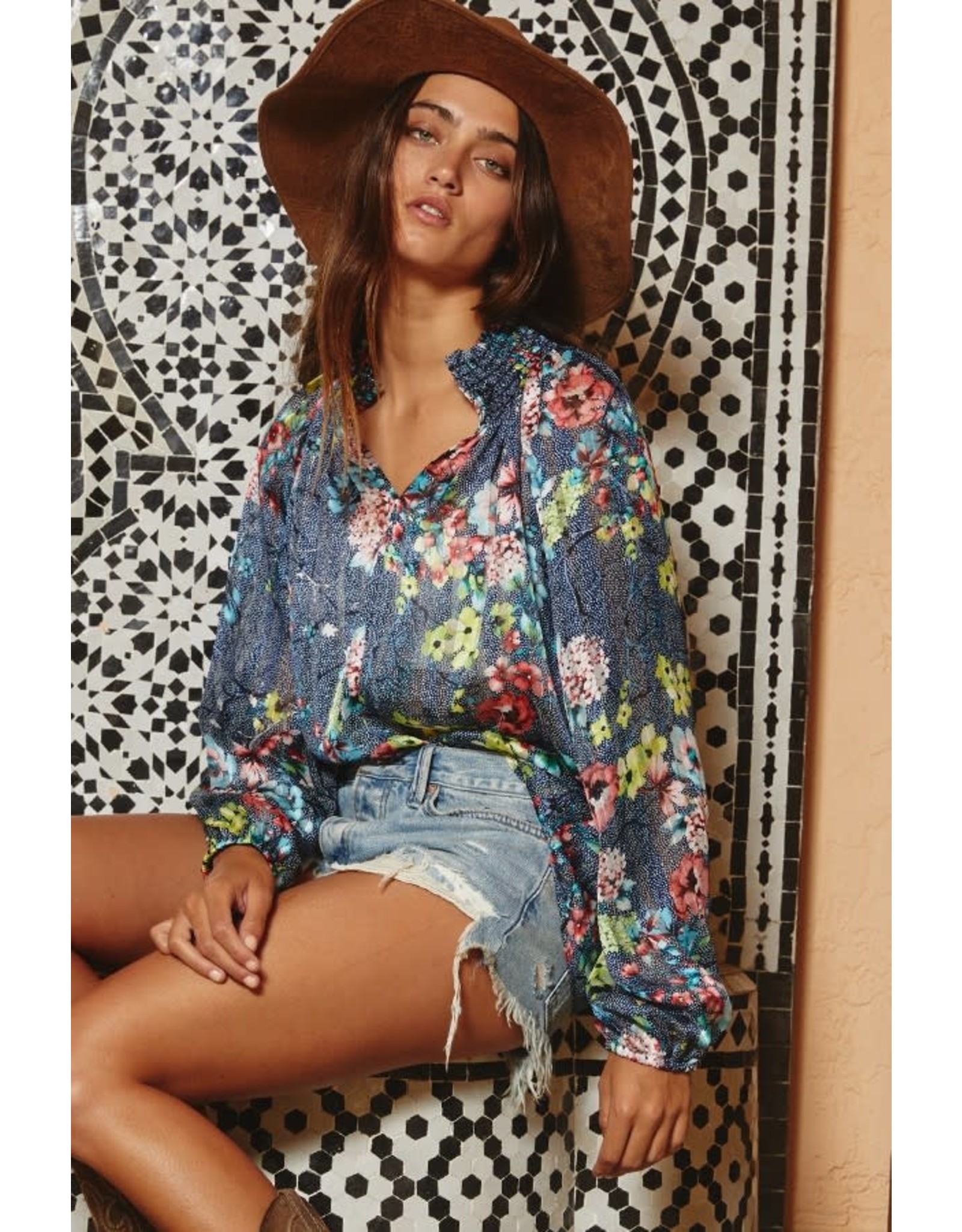 Bucket List Smoked Floral Stand Collar Tie-Dye Blouse