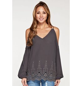 LoveStitch Embroidered Cold Shoulder Top in Charcoal