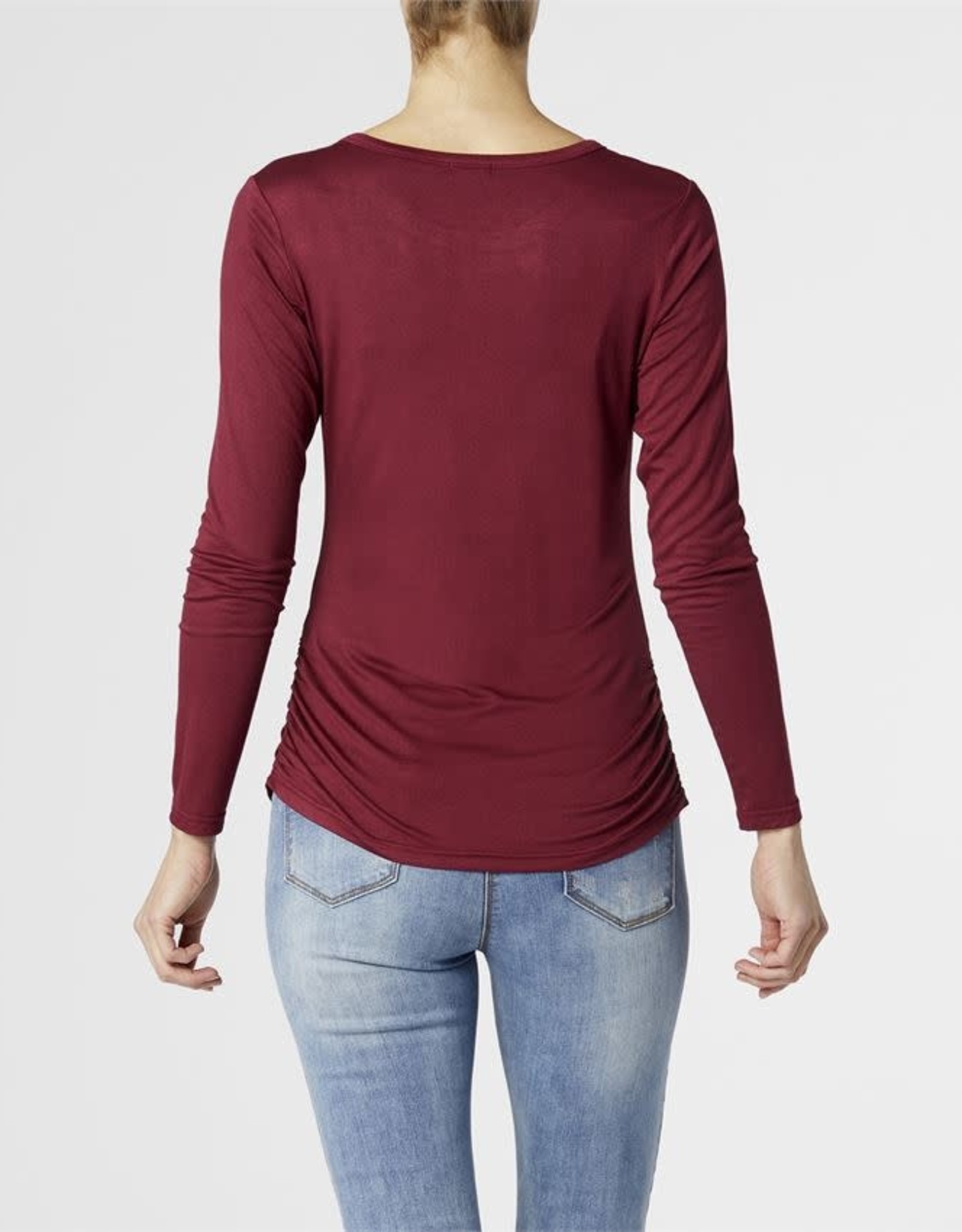 Ashley Side Cinched Long Sleeve Crew Neck Top Burgundy