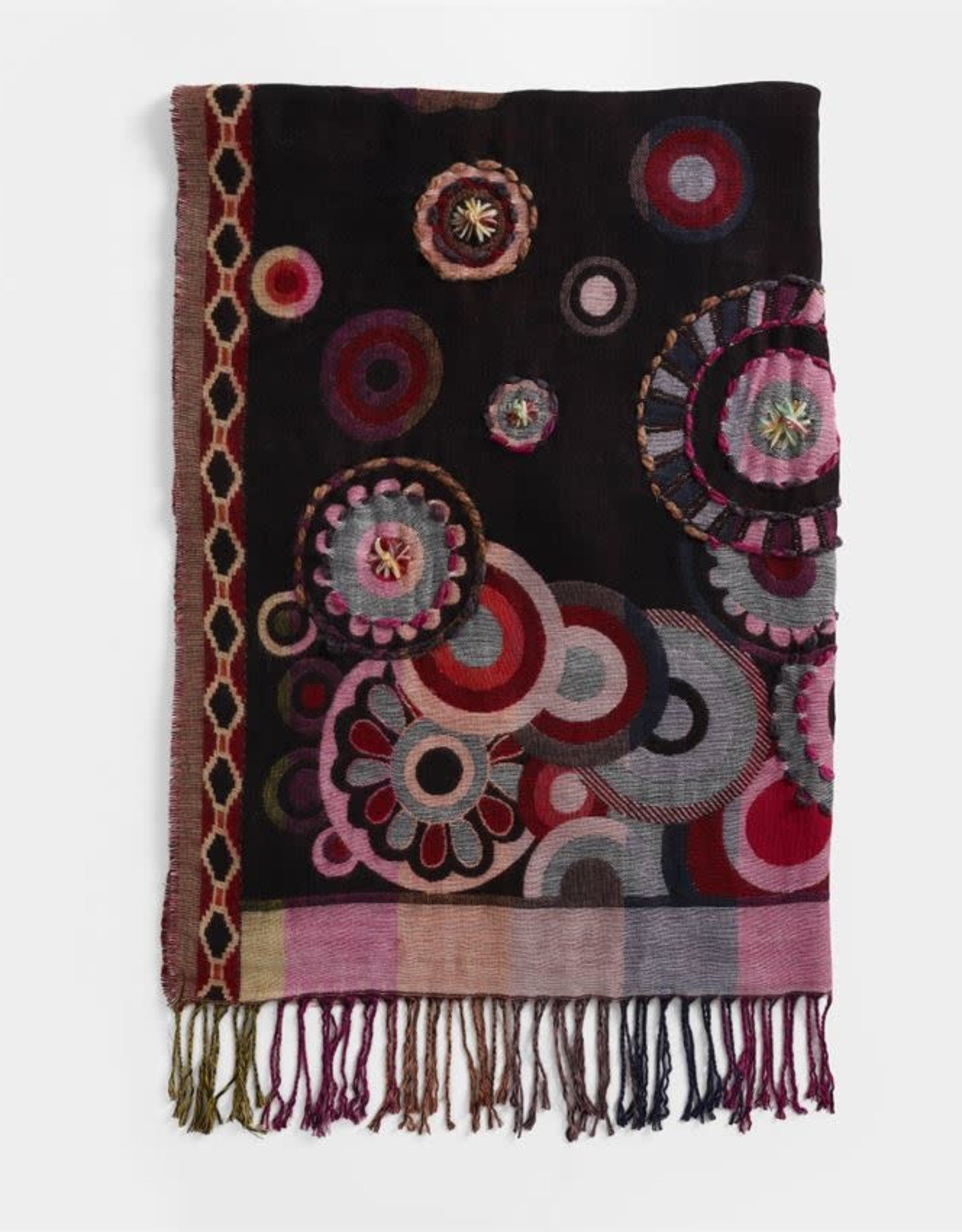 Lovelace Hand Embroidered Oblong Scarf Pink Black