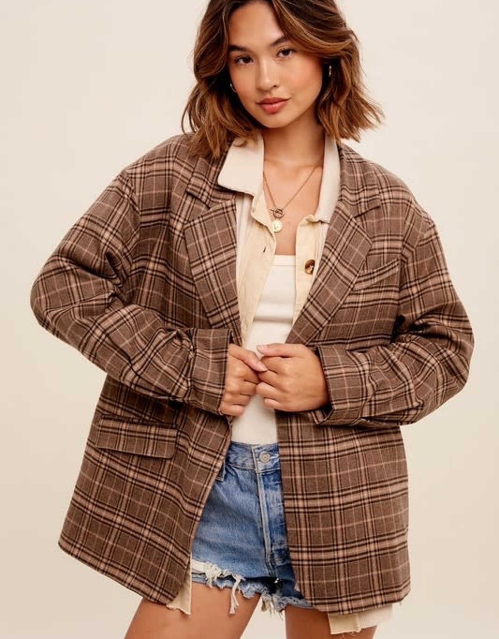 One Button Oversize Plaid Blazer