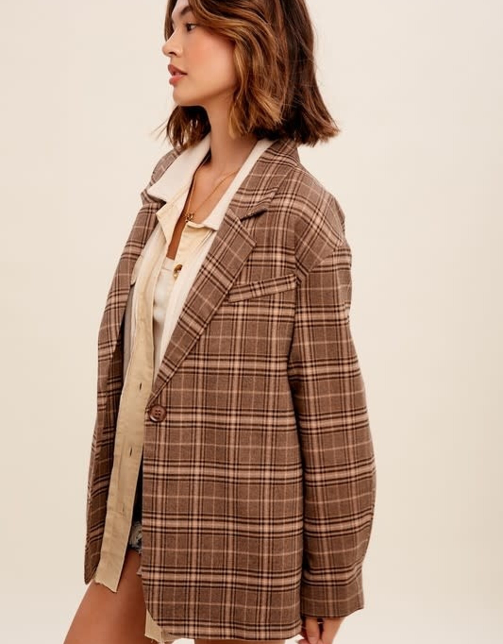 One Button Oversize Plaid Blazer