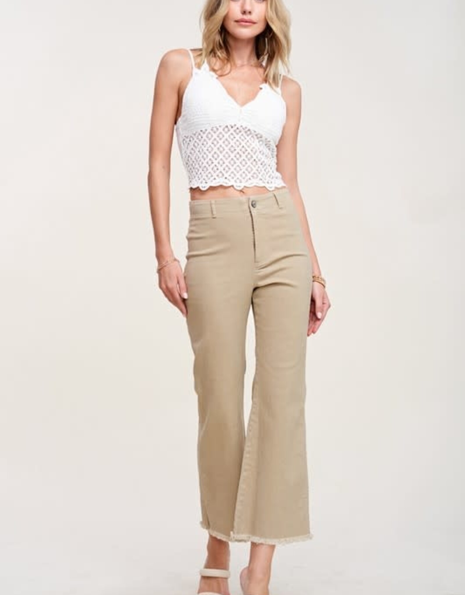 Wide Leg Pants with Elastic Waist Band , Unfished Frayed Hem