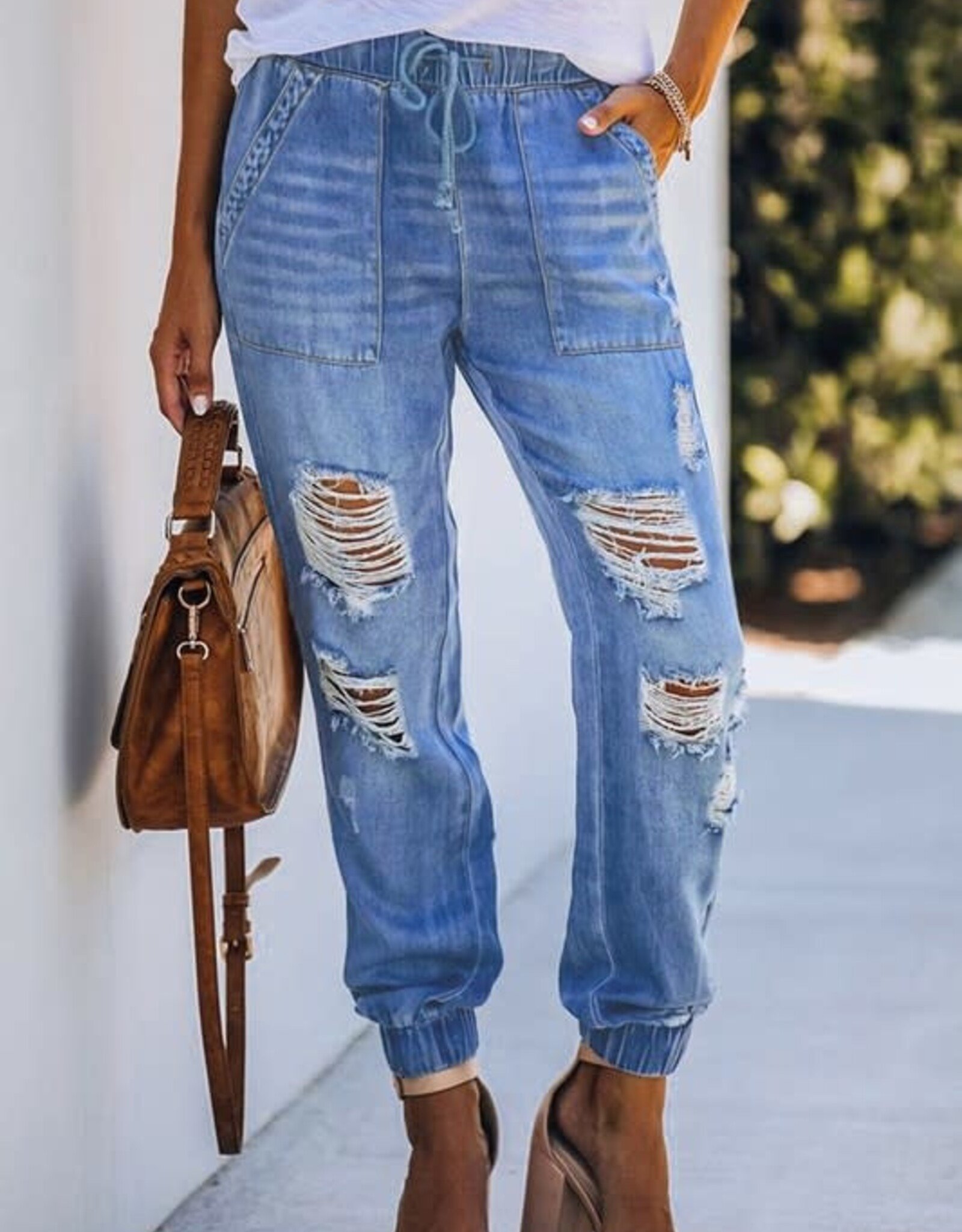 Allegra K Women's Casual High-waisted Elastic Waist Denim Pants Jeans  Jogger Blue X-large : Target