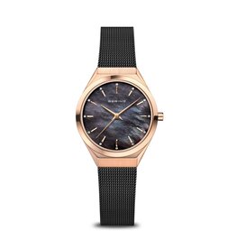 Watch Ultra Slim Women Black Mother of Pearl and Rose Gold