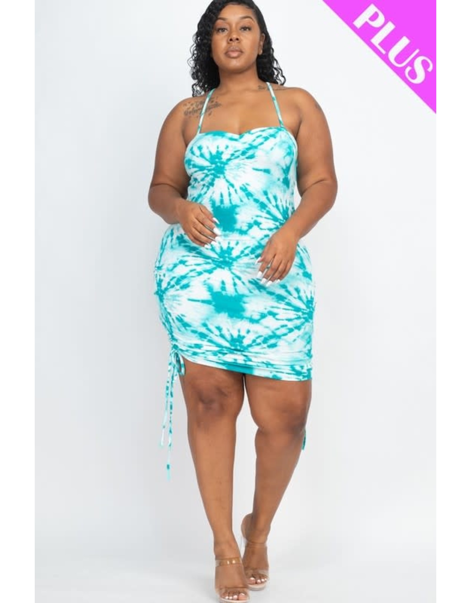 Teal Tie-Dye Ruched Shirring Tube Dress