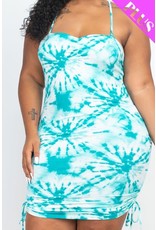 Teal Tie-Dye Ruched Shirring Tube Dress