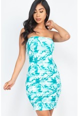 Teal Tie-Dye Ruched Shirring Tube Dress