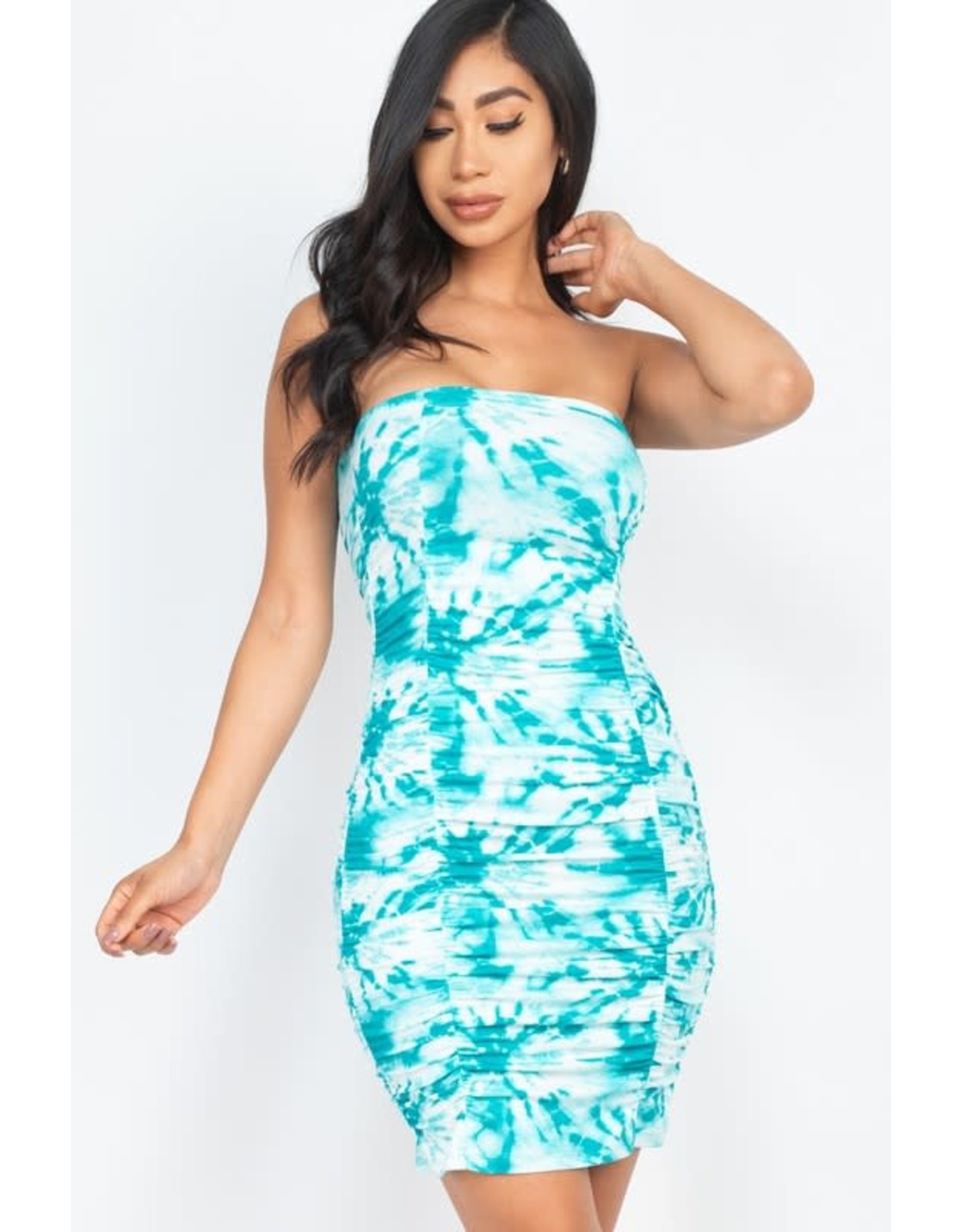 Teal Tie-Dye Ruched Shirring Tube Dress