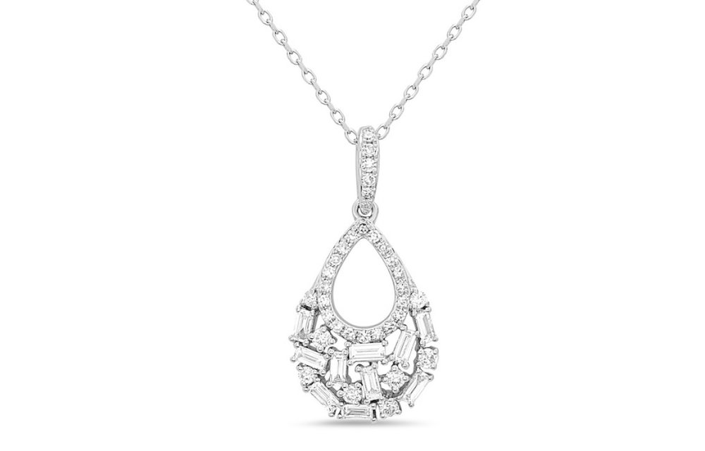 14KW Baguette & Round Pear Diamond Scattered Pendant w/ Cable Chain 18 inches : 0.47ctw