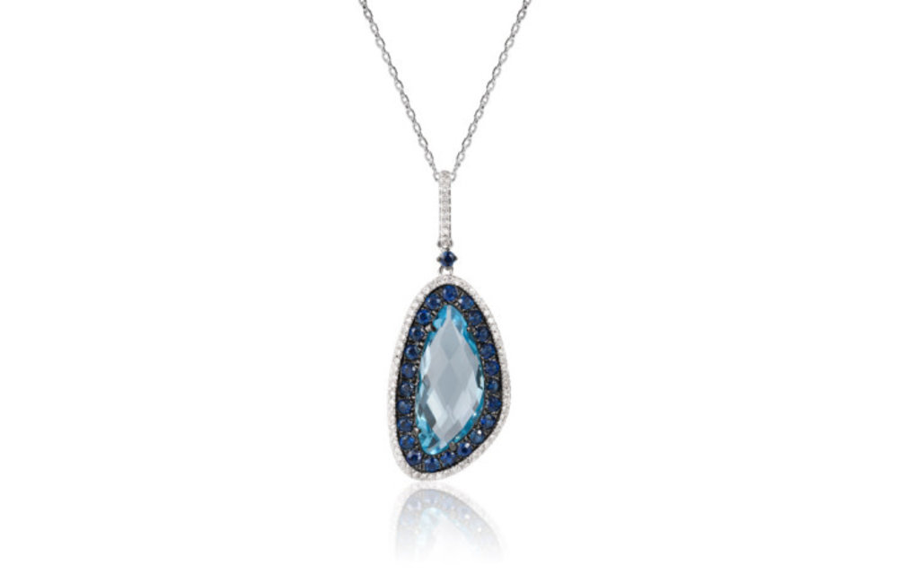 14KW Topaz, Sapphire & Diamond Double Halo Pendant w/ Cable Chain 18 inches: 6.14ct ctr, 1.12stw 0.21dtw