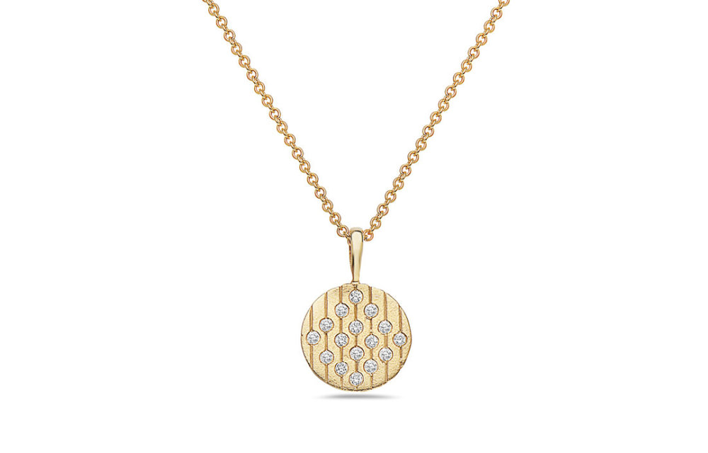 14KY Modern Diamond Disc Necklace Matte Finished w/ Cable Chain 16-18 inches: 0.12ctw