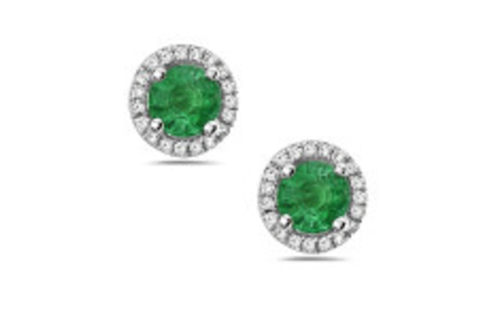 14KW Emerald with Diamond Halo Stud Earrings: 0.62gtw, 0.08dtw