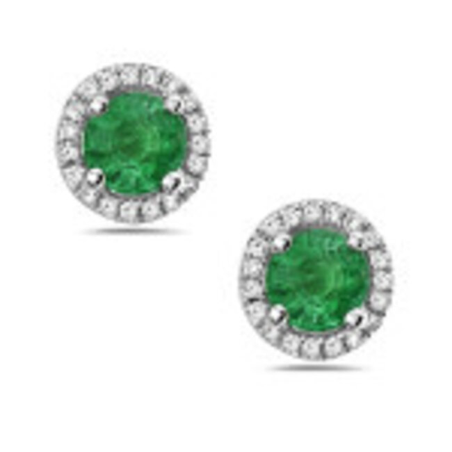 14KW Emerald with Diamond Halo Stud Earrings:  0.62gtw, 0.08dtw