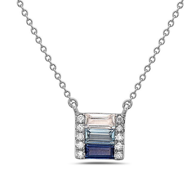 14W Petite Sapphire, Blue & White Topaz, & Dia Vertical Bar Necklace: .036 gtw, 0.05 ctw
