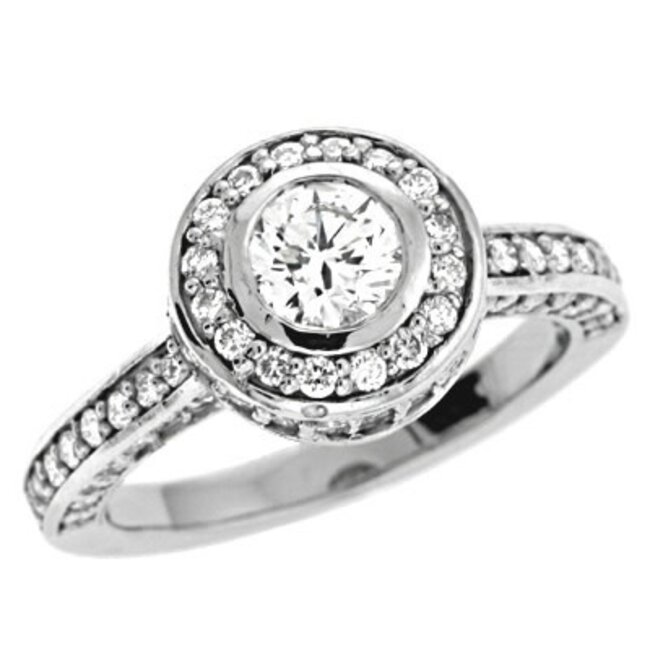 Bezel Set Center with Diamond Halo & Accents Engagement Ring Semi Mount for 0.50 Round in 14k White Gold: 0.91ctw Diamonds